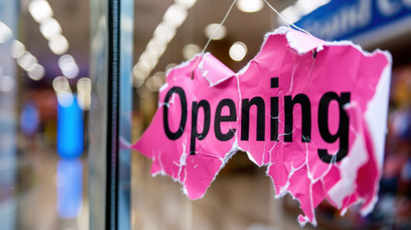 A close-up view of a vibrant pink "Opening" sign, slightly torn, hanging in a store window, with a blurred retail background creating an inviting atmosphere.の素材