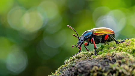 A stunning macro photograph capturing a vibrant beetle perched on a moss-covered surface, set against a beautifully blurred green background. The intricate details of the beetle and its vivid colors highlight the beauty of nature.の素材