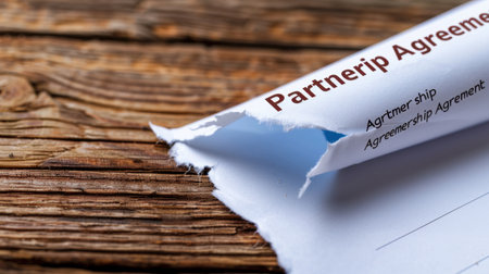 This image captures the texture of a torn paper revealing a partnership agreement on a rustic wooden table, emphasizing the importance of business collaboration.の素材