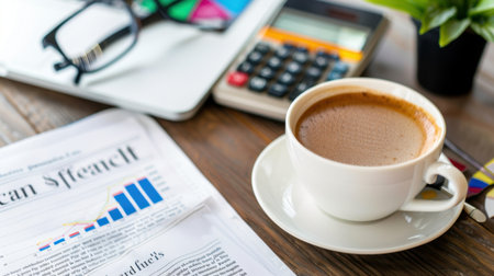 A cozy workspace featuring a cup of coffee, a calculator, and various business documents laid out on a wooden table, perfect for productivity.の素材