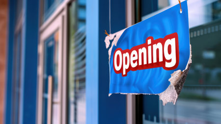 A vibrant blue opening sign hangs prominently on a glass door, signaling a new business ready to welcome customers in a bustling urban area.の素材
