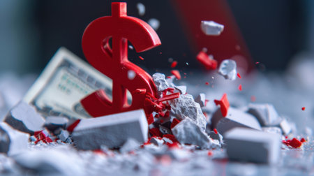 A striking image of a red dollar sign breaking through concrete debris, symbolizing financial challenges and economic resilience, with a fifty dollar bill blurred in the background.の素材