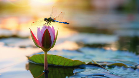 A stunning image capturing a dragonfly resting on a pink water lily at sunset, reflecting a serene pond surrounded by lush greenery, evoking tranquility.の素材
