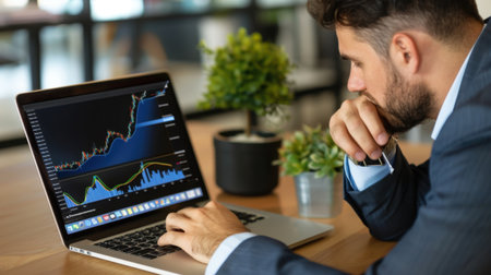 A focused businessman engages in analyzing financial data on a laptop while surrounded by office plants in a modern workspace, highlighting decision-making processes.の素材