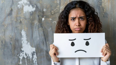 A woman with curly hair displays a sad expression while holding a sign featuring a sad face. The grunge background adds an artistic touch, enhancing her emotion.の素材