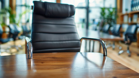 A sleek office chair positioned in front of a modern wooden table in a bright conference room, showcasing a contemporary workspace ideal for meetings.の素材