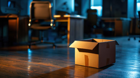 A solitary empty cardboard box sits on an office floor, illuminated by soft dim lighting. The surrounding furniture creates a contemplative atmosphere, highlighting themes of space and simplicity.の素材