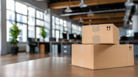 This image features stacked cardboard boxes in a contemporary office environment, emphasizing logistics and delivery aspects. Large windows allow natural light to fill the space.の素材
