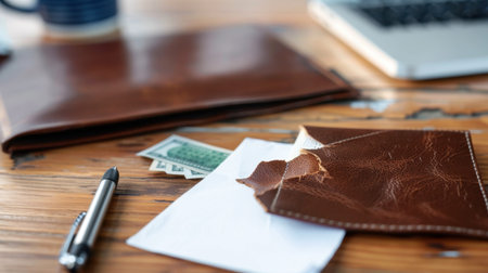 A close-up view of a brown leather wallet on a rustic wooden table, featuring cash, an envelope, and a pen, illustrating daily financial life.の素材