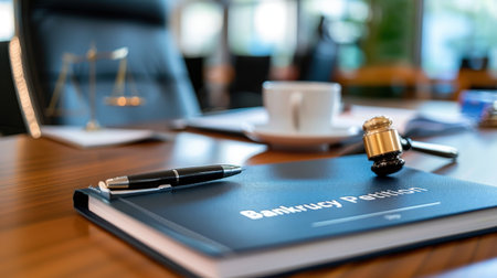 This image features a detailed view of a bankruptcy petition document alongside a gavel and pen, set on a polished office desk, symbolizing legal proceedings.の素材