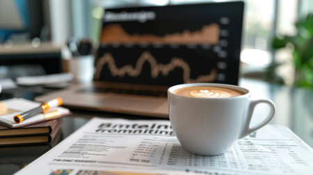 A serene office scene showcasing a cup of freshly brewed coffee beside business documents and a laptop displaying data charts, perfect for productivity.の素材