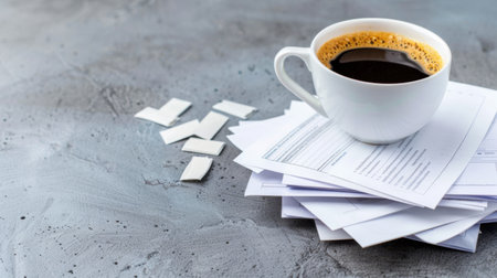 A white coffee cup rests on a stack of papers, with steaming coffee contrasting the textured gray background, perfect for office and workspace themes.の素材