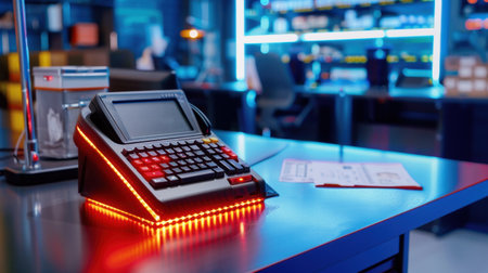 A modern electronic cash register with vibrant LED lights displays in a retail environment. Ideal for representing business transactions and customer service scenarios.の素材