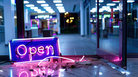 A vibrant neon 'Open' sign is seen in an abandoned store, with broken tiles on the floor. The dim lighting sets a reflective urban atmosphere.の素材