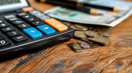 Detailed close-up of a calculator surrounded by coins and banknotes on a wooden desk, symbolizing financial management and budgeting tasks.の素材
