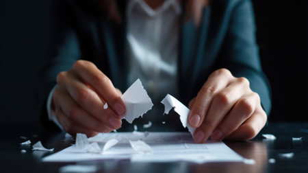 A business professional in a suit expresses frustration by tearing a document in a dark office setting, surrounded by scattered paper shreds, highlighting workplace stress.の素材