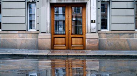 A stunning wooden entrance door framed by elegant architecture, reflecting on the wet street after a gentle rain, creating a serene urban atmosphere.の素材