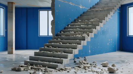 This image showcases an abandoned construction site featuring a crumbling staircase with debris scattered across dusty flooring and blue walls, creating a stark yet captivating view.の素材