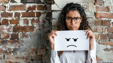 A young woman with curly hair and glasses displays an upset emoji sign against a rustic brick wall, conveying feelings of frustration and sadness.の素材