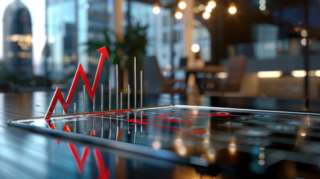 This image showcases a modern office environment featuring a digital tablet with a rising growth graph, symbolizing business success and innovation.の素材