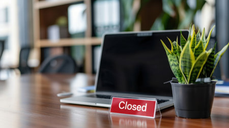 This image showcases a modern workspace featuring a sleek laptop, a red closed sign, and a green plant in a minimalist office setting, promoting calm and focus.の素材