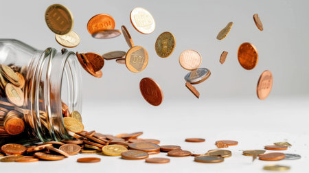 A glass jar filled with coins spills onto a clean surface, highlighting themes of finance, savings, and monetary value. Ideal for financial concepts.の素材