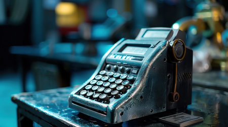 This image features a vintage typewriter placed on a desk, illuminated by soft blue lighting, within a contemporary workspace filled with industrial decor.の素材