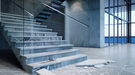 A striking modern industrial staircase featuring cracked concrete steps, glass railing, and large windows in a contemporary setting, showcasing urban design.の素材