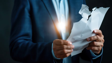 A businessman holds a torn piece of paper, symbolizing moments of failure and frustration in the professional world, illuminated by a gentle light.の素材