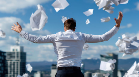 A joyful businessman celebrates his success with papers soaring through the air, set against a stunning city skyline and bright blue sky.の素材