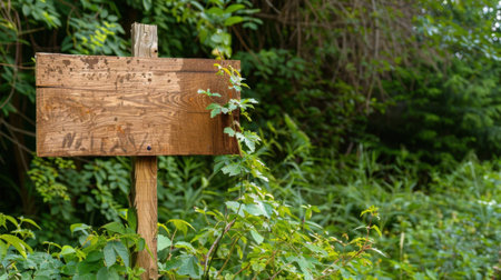 A weathered wooden signpost stands amidst rich green foliage, offering a blank canvas for direction in a serene natural environment. Ideal for outdoor themes.の素材