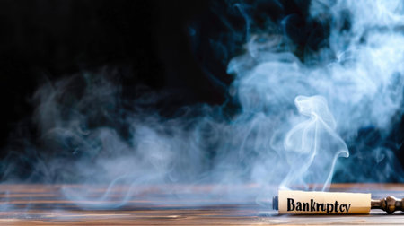 This image features a rolled document labeled "Bankruptcy" surrounded by an ethereal smoke on a wooden surface, evoking themes of financial distress and legal issues.の素材