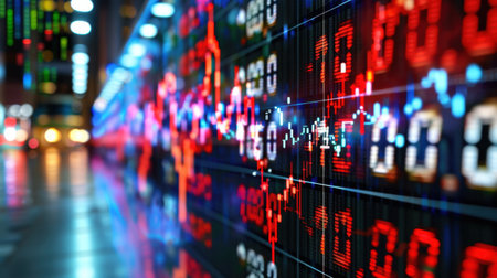 A vibrant digital display showcasing stock price trends with colorful graphs, representing the dynamic nature of modern finance and investment strategies.の素材
