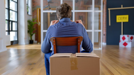 A thoughtful man sits in a chair in a modern workspace, contemplating ideas with a cardboard box behind him, embodying creativity and reflection.の素材