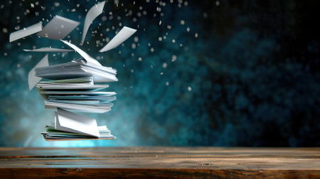 An artistic representation of flying pages over a rustic wooden surface, symbolizing creativity and inspiration in a modern work setting. Perfect for conveying ideas.の素材