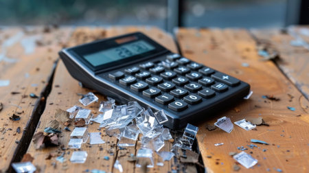 A damaged calculator lies on a rustic wooden table, surrounded by sharp glass fragments, illustrating a moment of chaos and financial mishap.の素材