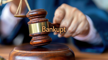 A detailed close-up of a gavel being struck in a courtroom, symbolizing bankruptcy and the legal processes involved in financial disputes.の素材