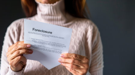A woman stands indoors holding a foreclosure notice with concern on her face. Soft lighting creates an intimate atmosphere, highlighting her emotions.の素材