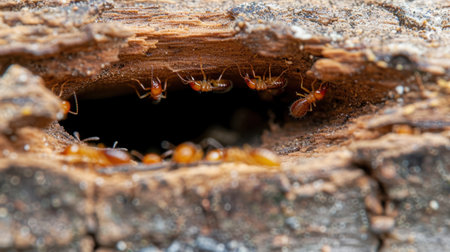 This close-up image shows tiny insects emerging from a hollow in a piece of wood, highlighting their intricate details and natural behavior in the forest.の素材