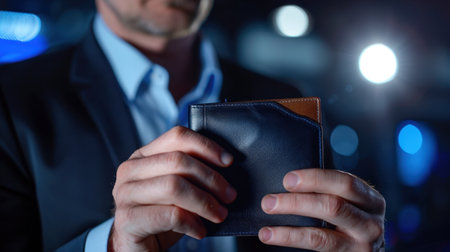 A sophisticated businessman holds a classic dark leather wallet, showcasing his financial savvy in a stylish modern setting with bright lighting.の素材