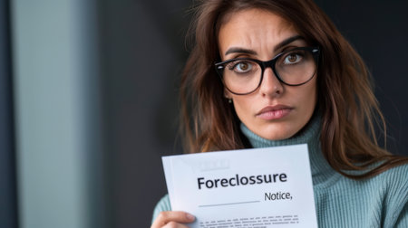 A concerned woman holds a foreclosure notice, expressing deep emotion in a contemporary office space. The image captures the weight of financial struggles and personal challenges.の素材