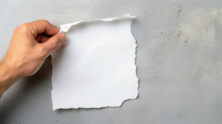 A hand holds a piece of torn white paper against a gray surface, creating a striking visual element for artistic presentations or creative projects.の素材