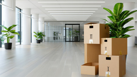 A sleek and modern office interior featuring cardboard boxes and lush green plants. The bright, open space offers a minimalist and fresh ambiance, ideal for a professional environment.の素材