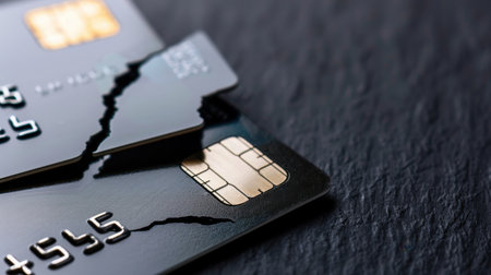 This image showcases a pair of cracked credit cards resting on a dark textured surface, symbolizing financial challenges and the risks associated with damaged payment methods.の素材