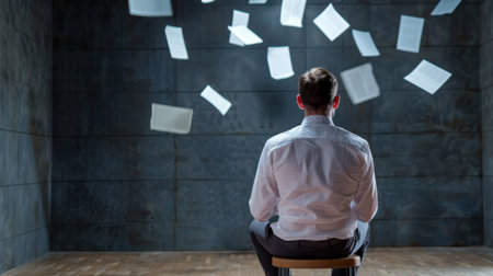 A man in a business suit sits in a dimly lit room with floating papers around him, symbolizing the chaos and overwhelm often experienced in the workplace.の素材