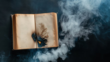 A dramatic visual of an open book with burning pages, surrounded by swirling smoke, symbolizing the fragile nature of knowledge and the impact of loss.の素材