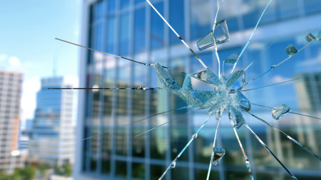 A close view of shattered glass pieces bursting outward, showcasing their sharp edges against a softly blurred backdrop of contemporary city buildings.の素材