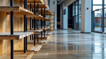 This image showcases empty wooden shelves in a spacious and modern interior, illuminated by natural light, enhancing the clean and minimalist design.の素材