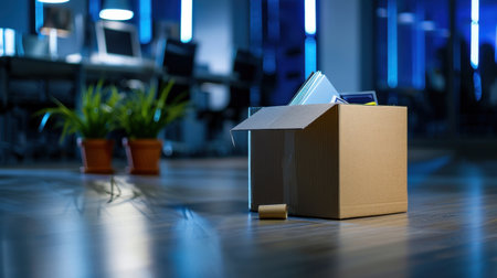 An open cardboard box contains various office supplies in a dimly lit modern workspace, conveying a sense of organization and new beginnings.の素材