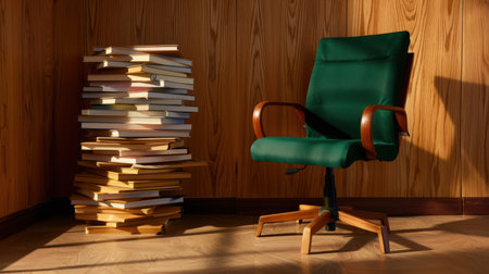 A cozy study corner featuring a green chair next to a vibrant stack of books, set against a wooden wall. Perfect for creating an inviting reading nook.の素材